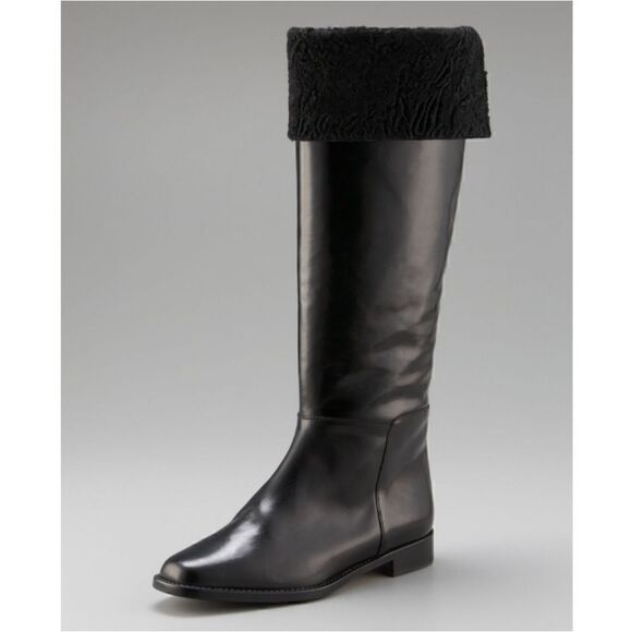 Manolo Blahnik Black Astrakhan-Cuffed Riding Boot - Picture 1 of 8